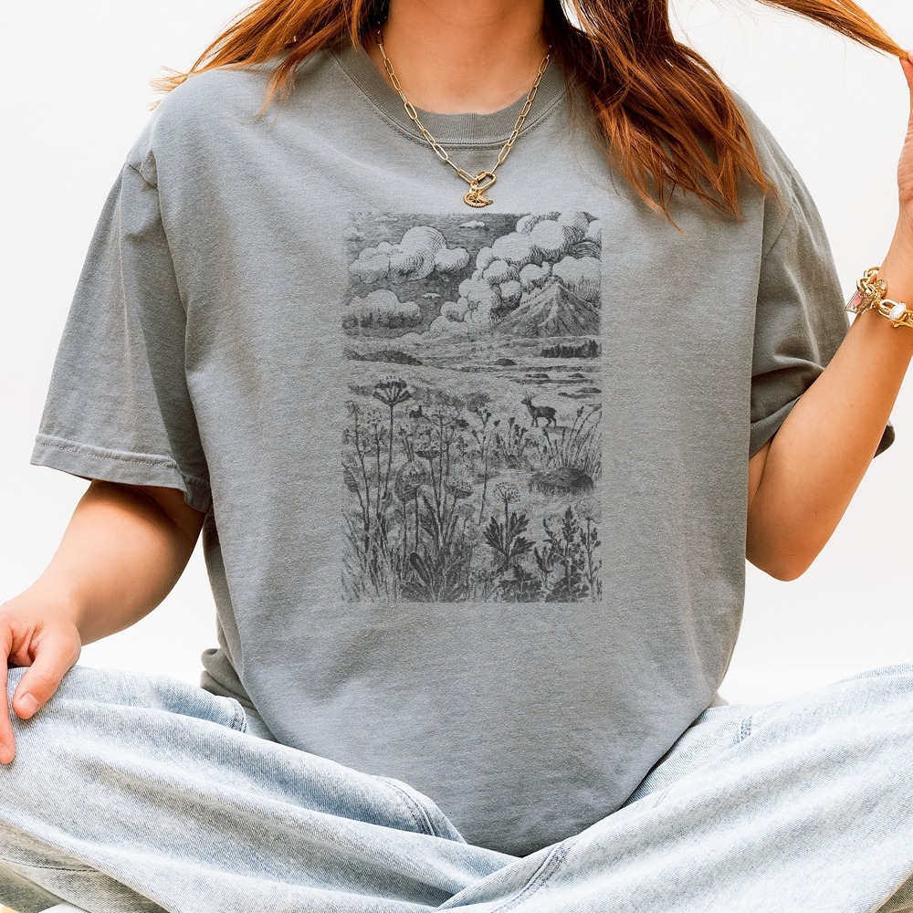 Meadow Landscape Graphic Tee Engraving Art Nature Design